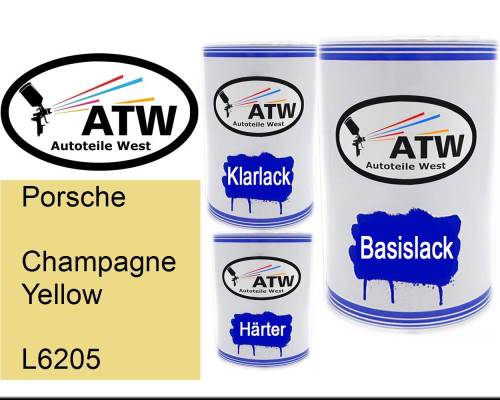 Porsche, Champagne Yellow, L6205: 500ml Lackdose + 500ml Klarlack + 250ml Härter - Set, von ATW Autoteile West.
